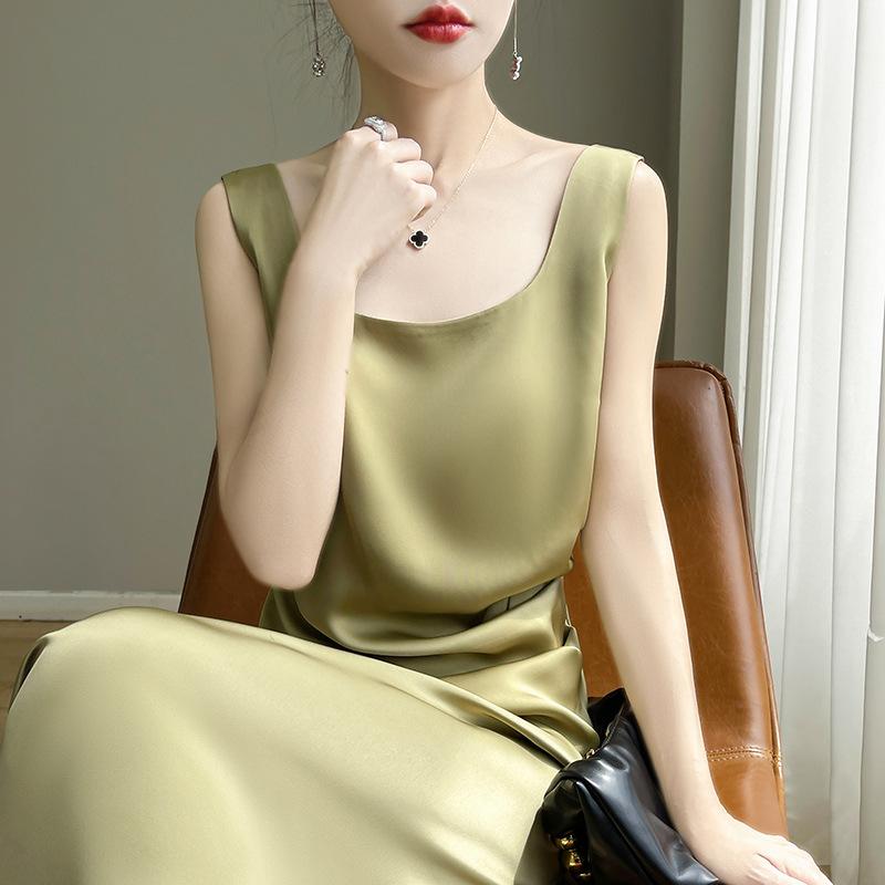 Summer French Inner Waist Waist Vest Suspender Skirt Acetate Satin High-end Square Collar Satin Dress for Women