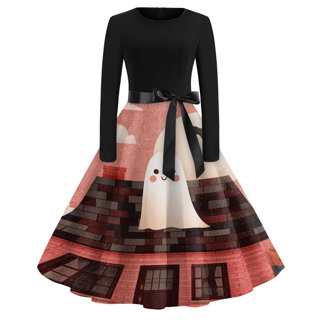 Women's Casual Vintage Halloween Print Dress Long Sleeve Round Neck Retro Swing Skater Dress with Waist Tie for Fall and Winter