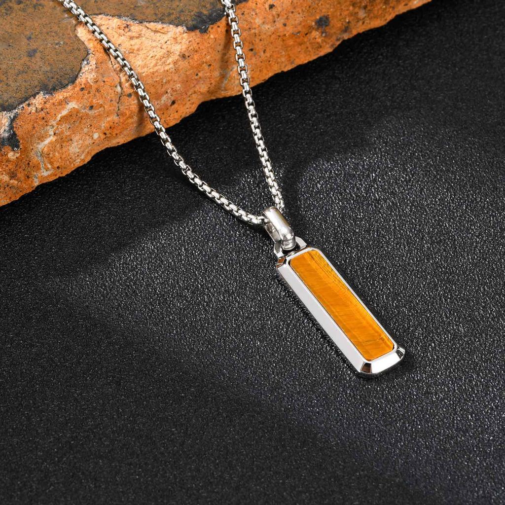 Men's Stainless Steel Pendant Necklace with Natural Tiger Eye Bar - Versatile Geometric Design, PN-2226