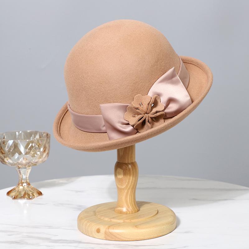 2025 New Winter Curl Brim Wool Fedora Hats For Women Elegant Bow Flower bucket hat Hat Vintage Formal Fascinator Cap Mujer