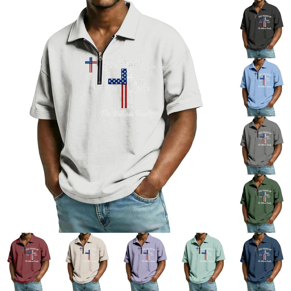 Men’s Short Sleeve Polo Shirt with Zipper Collar and Printed Cross Pattern Casual Soft Comfortable Top for Everyday Wear