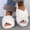 Fashion Pearls Detor Plush Slippers for Women Fashion Cross Strap House Furry Slippers Woman Slip On Faux Fur Cotton Slides Mujer