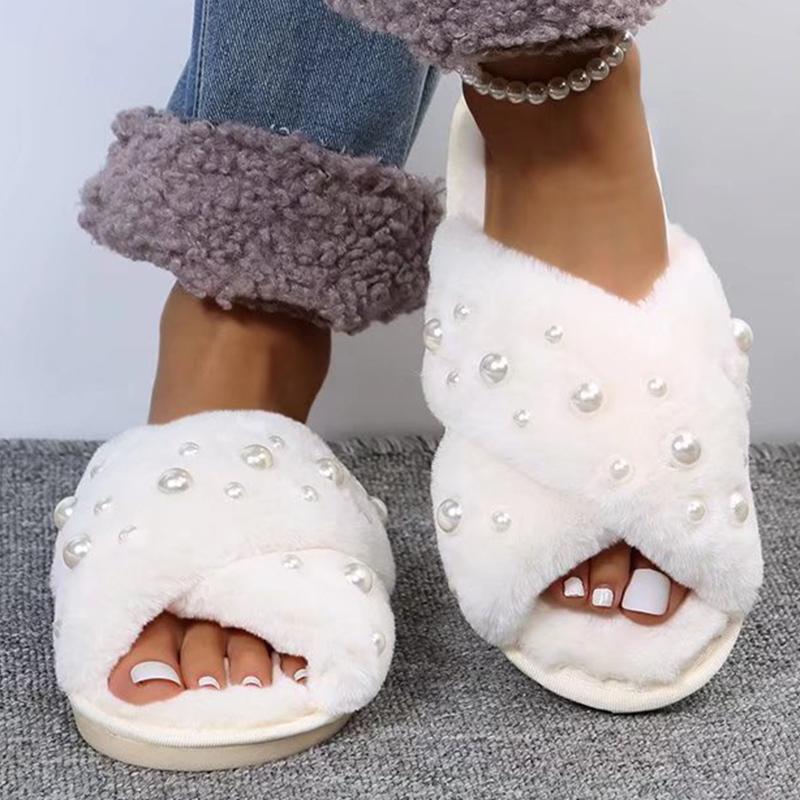 Fashion Pearls Detor Plush Slippers for Women Fashion Cross Strap House Furry Slippers Woman Slip On Faux Fur Cotton Slides Mujer