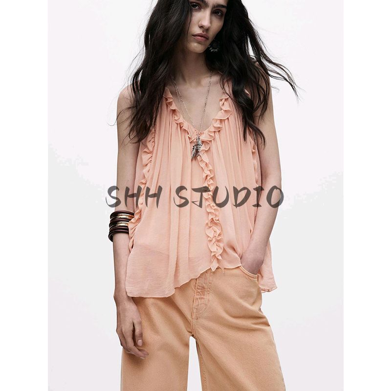 Spring and Summer New Women's Clothing Sweet Style Asymmetric Hem Laminated Decoration V Neck Sleeveless Tops 2917219