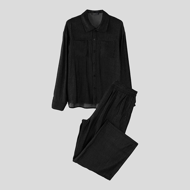 

INCERUN Two Pieces Outfits Men Lapel Neck Shirt Long Straight Pants Casual Sets S чорний