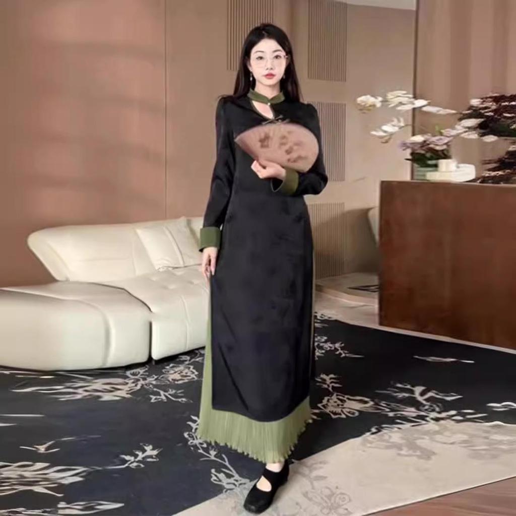 Plus Size Chinese Style Dark Jacquard Spring 2025 Retro Long Dress