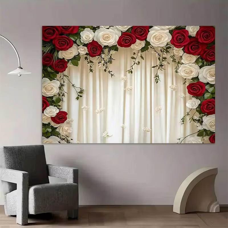 2D Red & White Rose Backdrop Cream Curtain Wedding Ceremony Background