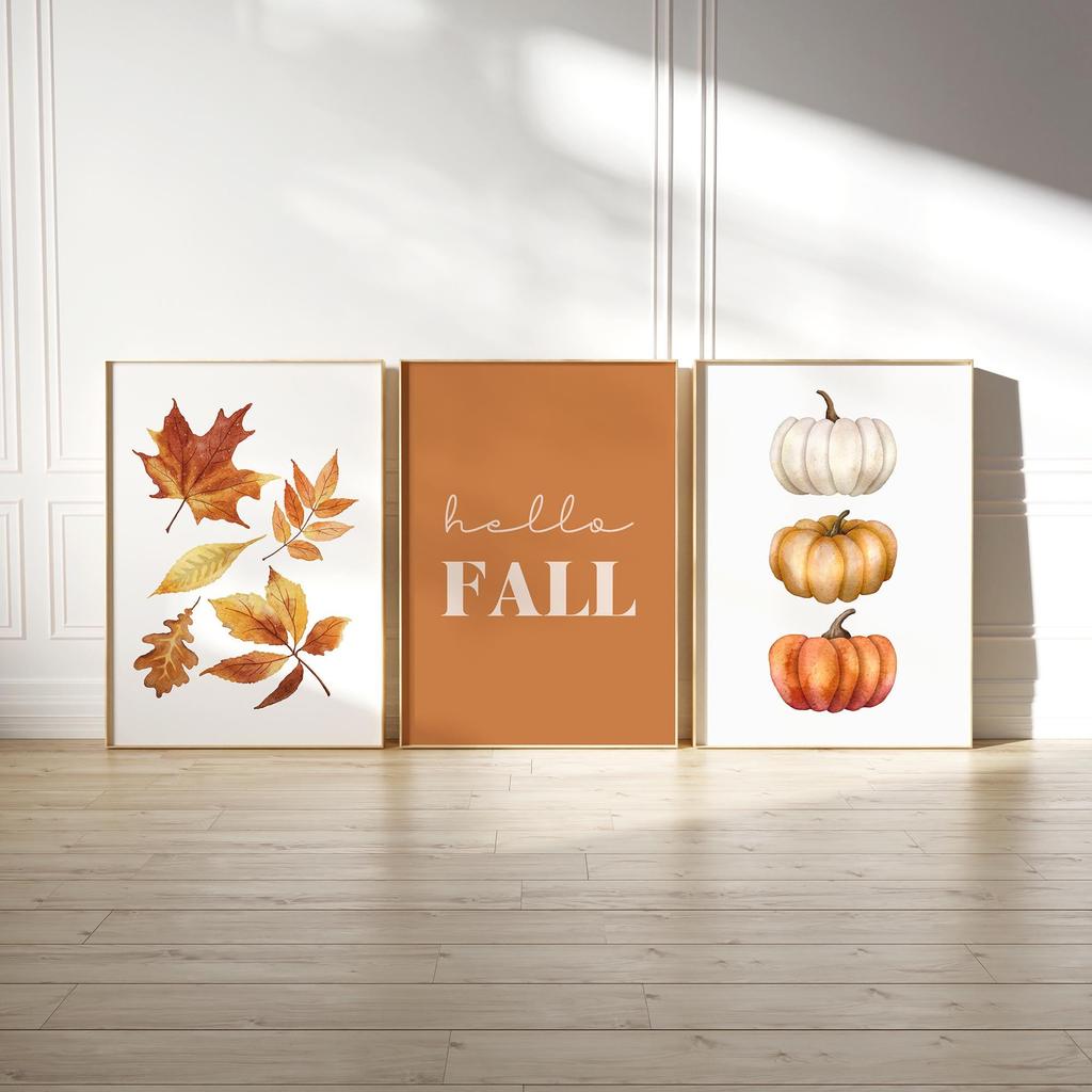 Set da 3 Stampe Murali Arancioni Hello Fall Stampabili, Stampa Foglie d'Autunno, Stampa Zucca Autunnale ad Acquerello, Poster Citazione Autunnale, Decorazioni Rustiche