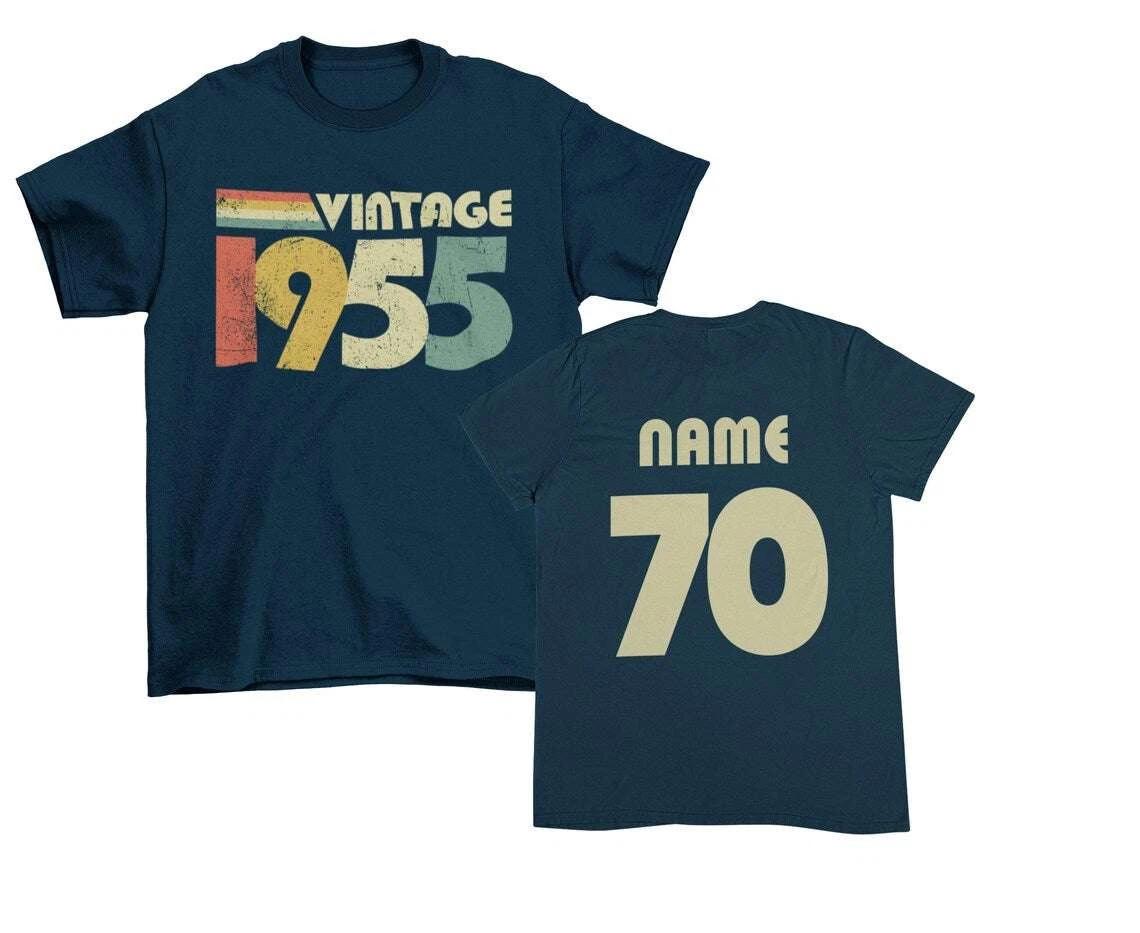 Personalised 70th Birthday in 2025 T Shirt Vintage 1955 Name on Back Gift Idea S