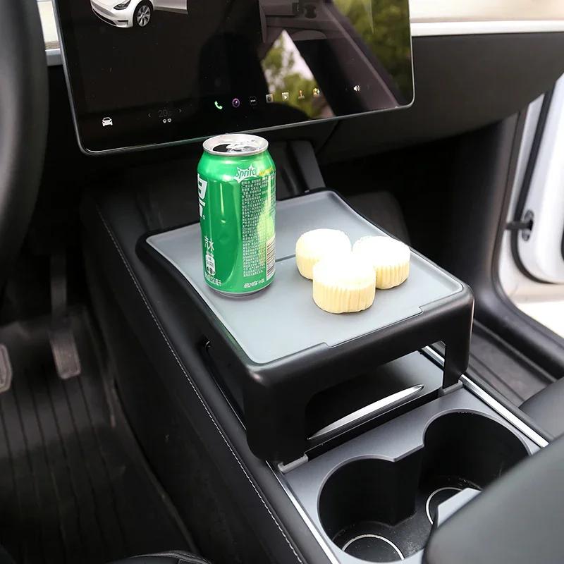 For Tesla Model 3 Y Center Console Tray Storage Simple Dining Plate Bin Desk Table with Silicone Mat Organizer Holder Storage