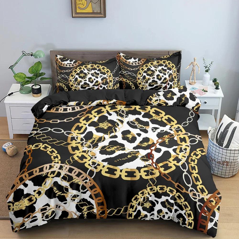 Goldketten Bettbezug Leopardenmuster Bettwäscheset Bettdeckenbezüge für Schlafzimmer Einzel- Kingsize Weicher Steppdeckenbezug Heimtextil