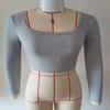 Womens Square Neck Ribbed Knit Long Sleeve Crop Top Casual Solid Color Fitted Blouse