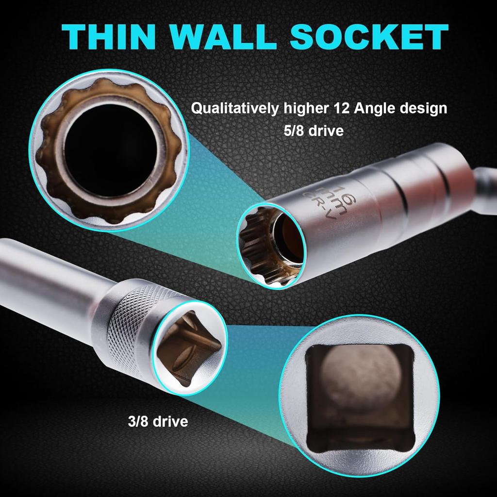 5/8 Spark Plug Socket Set, 16Mm Spark Plug Socket Magnetic 12-Point, 3/8 Extension 360 Degree Swivel Total Length 11.5 Inch, Automotive Replacement