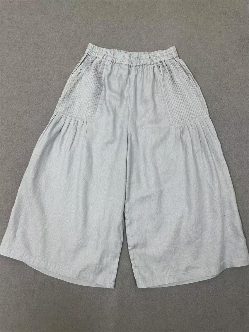 

Johnature Summer Casual Loose Women Pleated Straight Cropped Wide Leg Pants Women One Size