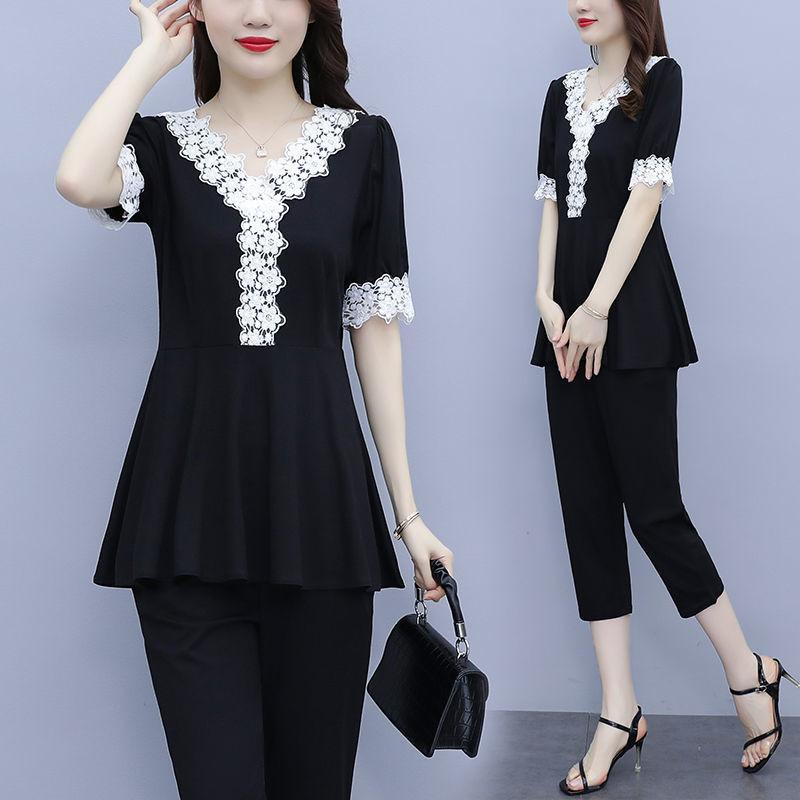 Fashionable and Trendy Large Size Fat Mm Suit for Women, Summer Temperament, Belly-covering Lace Top and Pants Two-piece Set