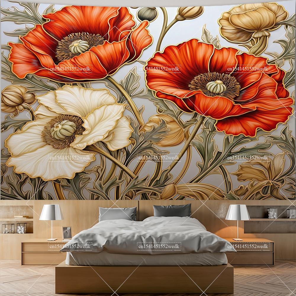 Wildflowers Tapestry Wall Hanging Garden Floral Botanical Tapestries Room Deocr Red Poppies Scenery Photography Background Cloth