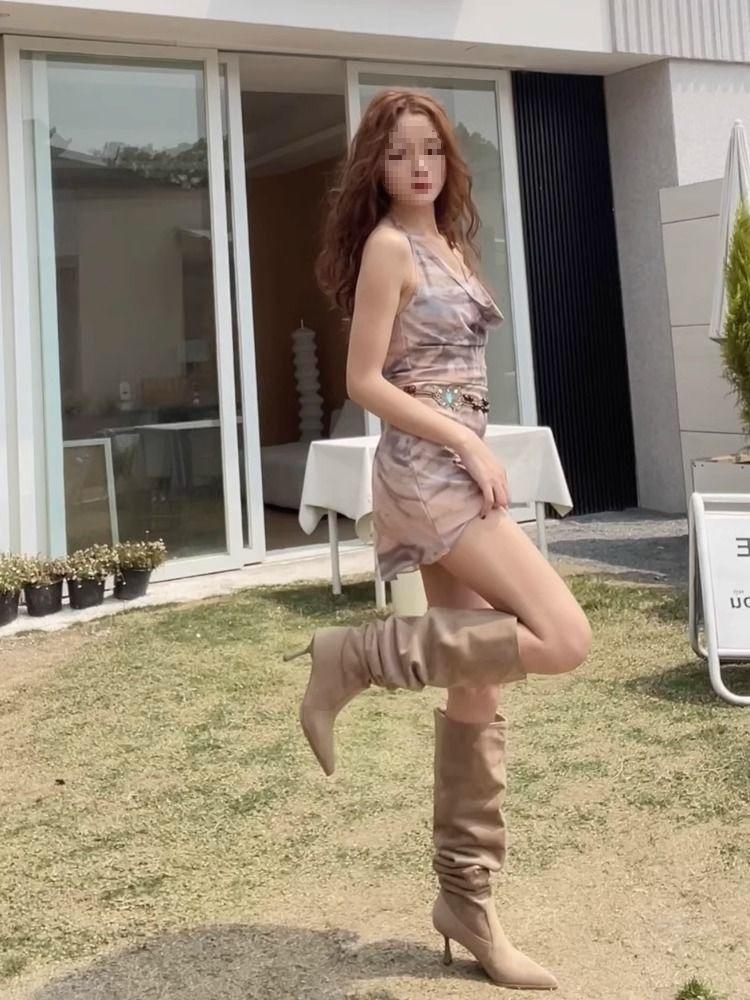 Cizme damă cu tub mare Cizme skinny cu vârf ascuțit Cizme caise mărime mare Cizme cu toc subțire Cizme înalte cu toc înalt Cizme până la genunchi cu toc înalt