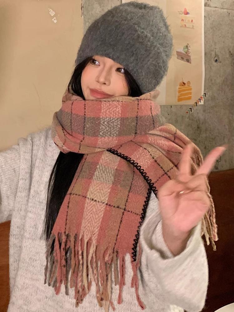 Knitted Retro Scarf Headscarf Winter Women Men Preppy Plaid Tassel Warm Scarve Pashmina Mujer Femme Male Long Wrap Shawl Unisex