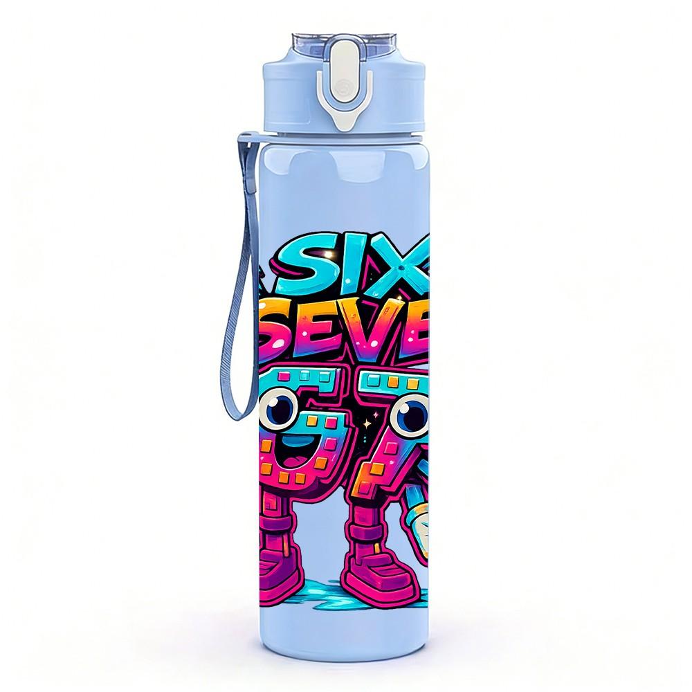 1PC Six Seven Bright Graffiti Cartoon Print 750ml Color Plastic Sports Water Bottle Leakproof Flip Straw Lid Suitable for Sports Office Home Use