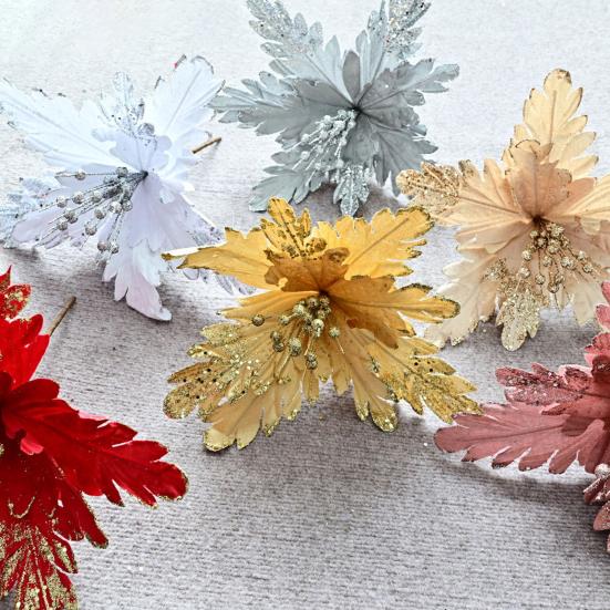 DYS Artificial Flowers with Gold Powder & Beads, Multi-Color Glitter Christmas Flowers, Multi-Layered Fabric Petals, Bendable Stems for Holiday