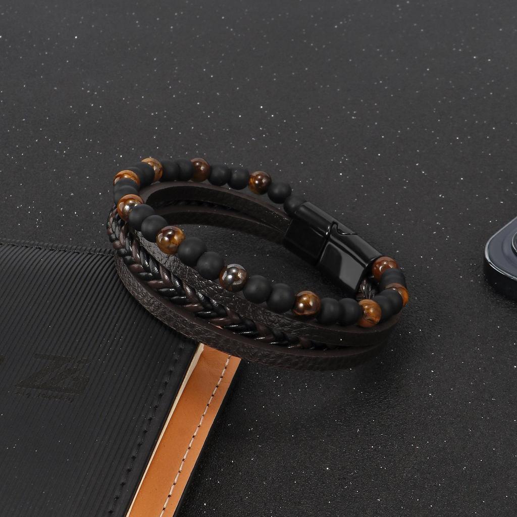 Men's Tiger Eye Beaded Multi-Layer Leather Bracelet
