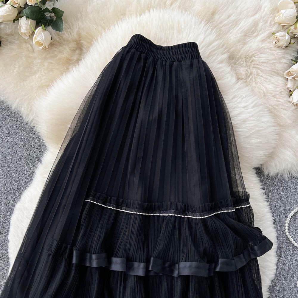 Spring Super Mesh Skirt Women's Medium Length Pleated Cake Skirt Elastic High Waist A-Shaped Large Swing Skirt Umbrella Skirt
