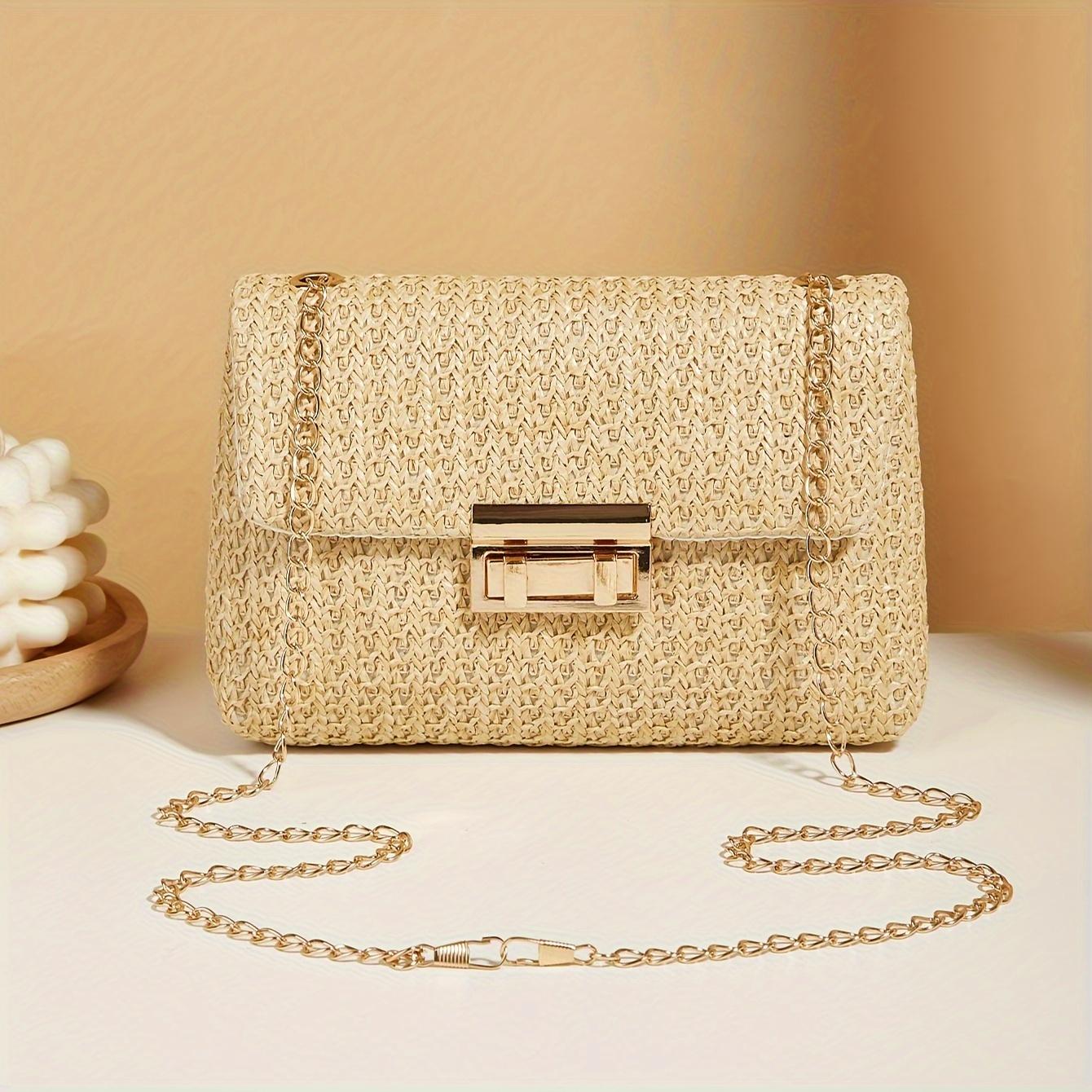 

Casual Woven Handbag, Simple Solid Color, High-Quality Daily Fashion, Shoulder & Crossbody Bag with Chain Strap Lock Square Bag