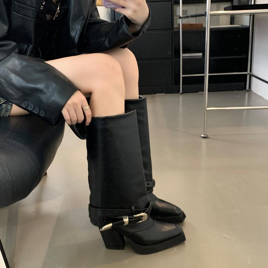 European and American retro western cowboy thick heel black long boots niche Spice girl square head boots belt buckle pants boots