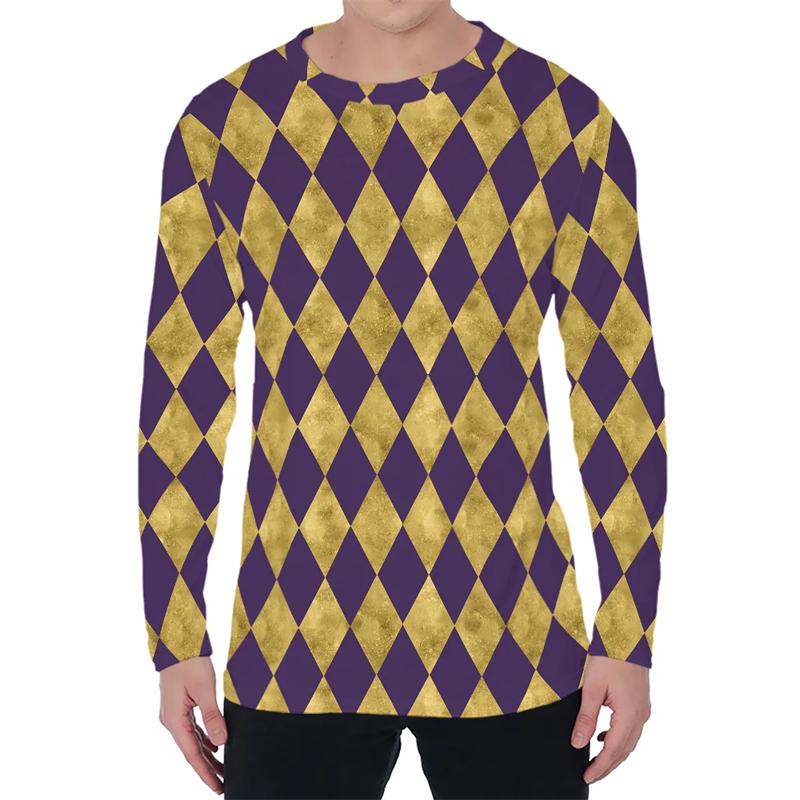 Simple Argyle Pattern Men's T-shirts Fashion Casual 3D Printed Long Sleeve T-shirts Loose Round Neck Streetwear Pullovers