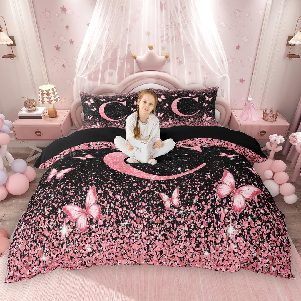 Homewish Initial Monogrammed Duvet Cover Set Black Pink Comforter Cover Set For Girls Butterfly Glitter Print Bed Set