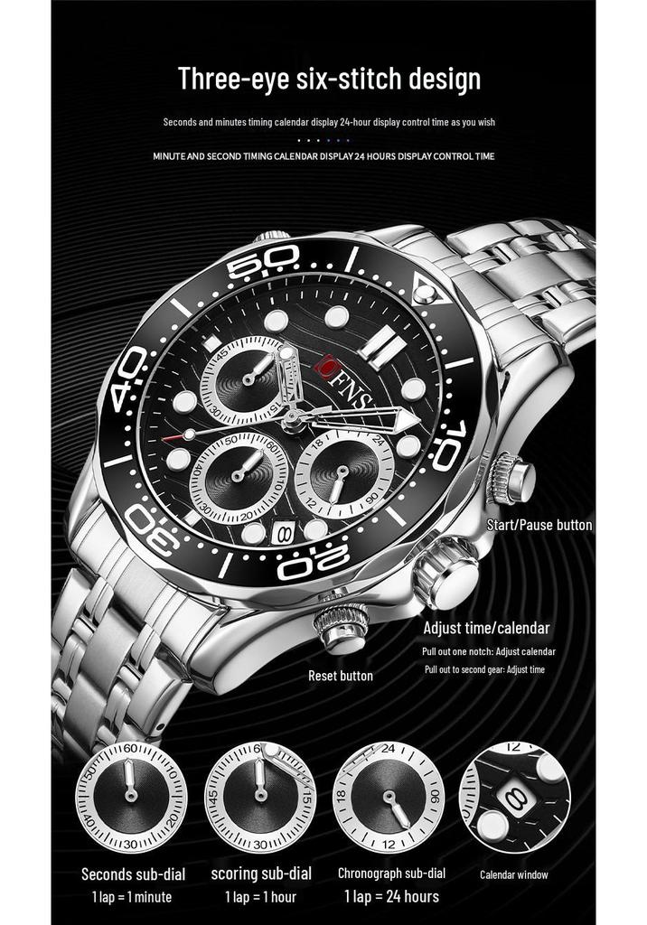 Oufannishi Men's Multifunction Waterproof Quartz Chronograph Wristwatch with Six-Hand Calendar