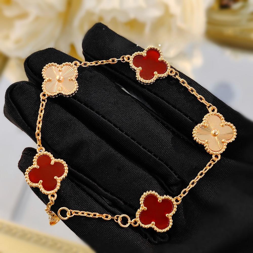 Laser-cut Clover Bracelet with High-end Red Agate Chalcedony for Women