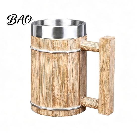 Oak Barrel Style Mug Wood Beer Mug, 600ml Stainless Steel Liner Stein, Large Capacity Rustic Tankard for Pub Home Bar Party Gift Easy Clean