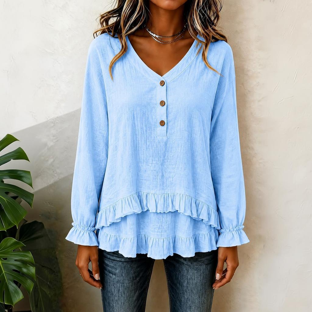 Damen Langarm Rüschen V-Ausschnitt Bluse mit Asymmetrischem
