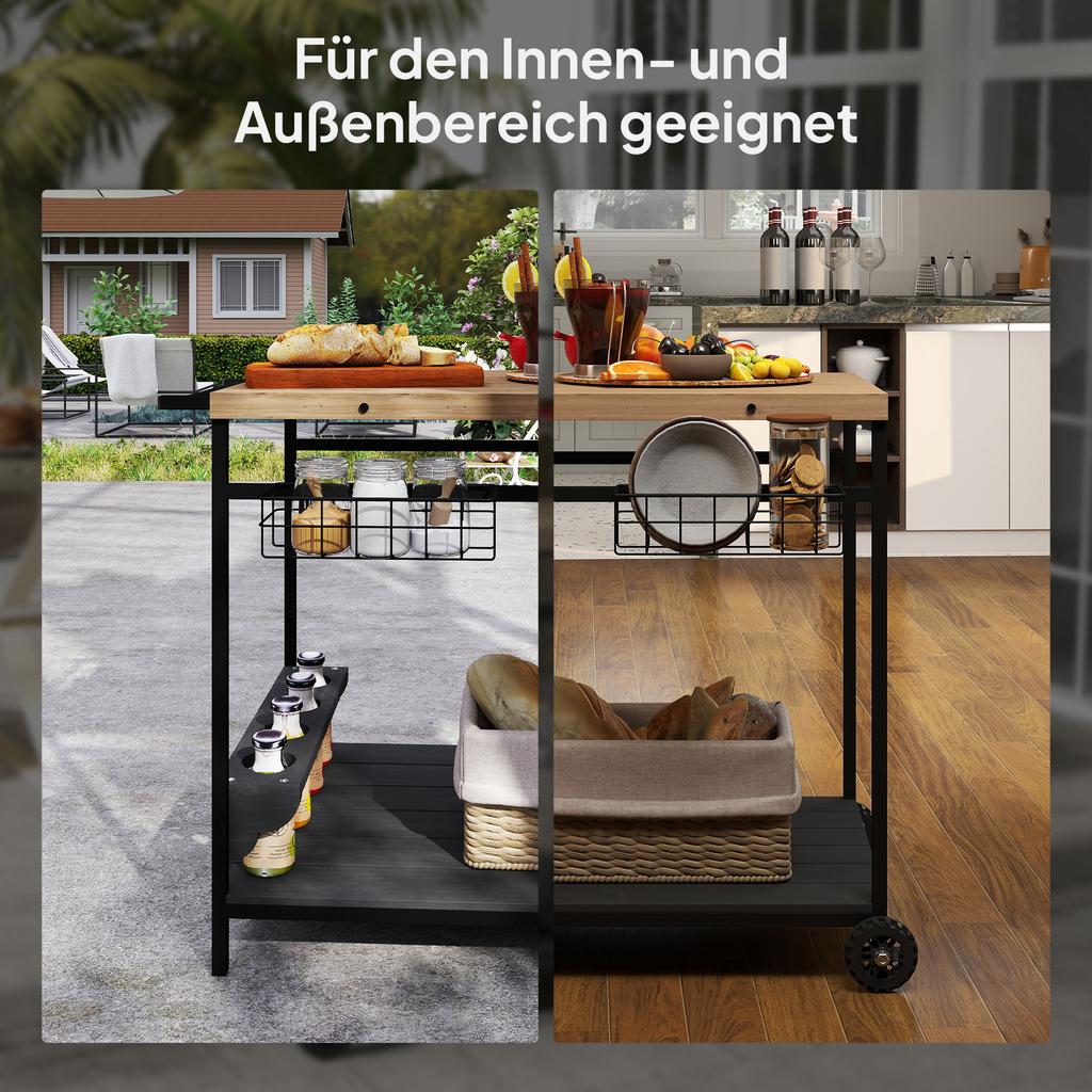 Serving Cart, Kitchen Cart, 2 Tiers, 4 Bottle Holders, In/Outdoor, Natural/Black