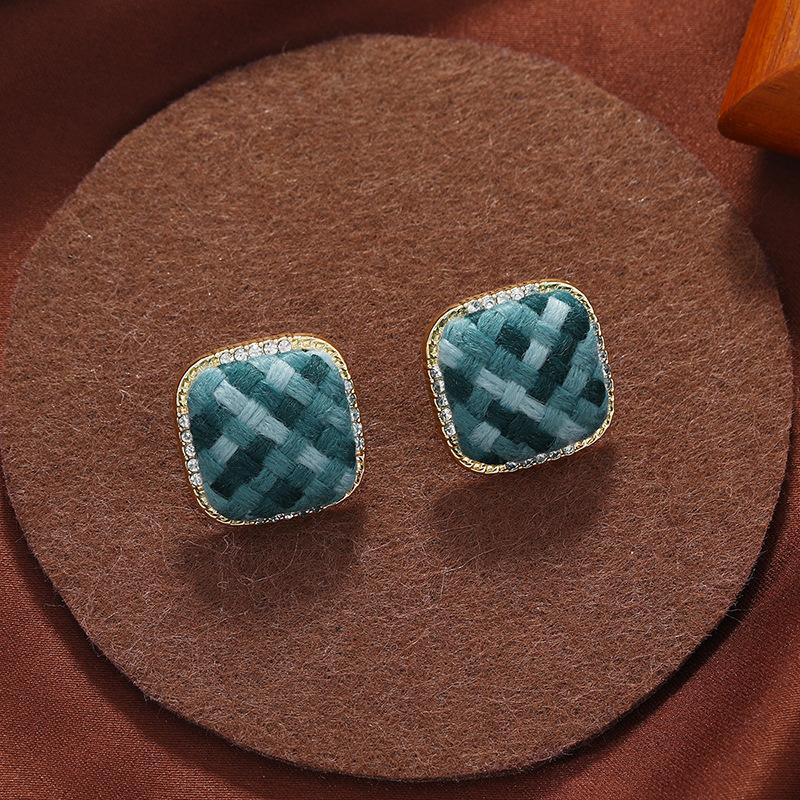 Vintage Morandi square stud earrings s925 silver needle with diamonds autumn and winter femininity personalized fabric ear jewelry