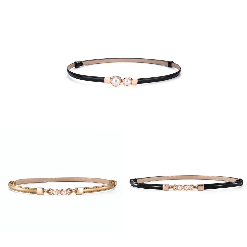 Pearl Embellished Genuine Leather Skinny Belt For Women With Silver Alloy Buckle For Dresses And Blouses
