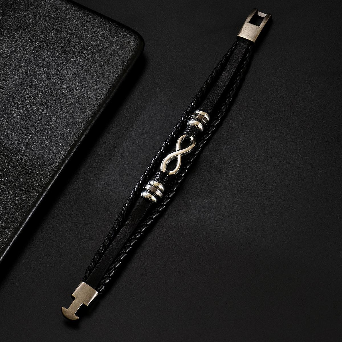 

Handmade Alloy Eight Character Decorative Leather Woven Men s Bracelet