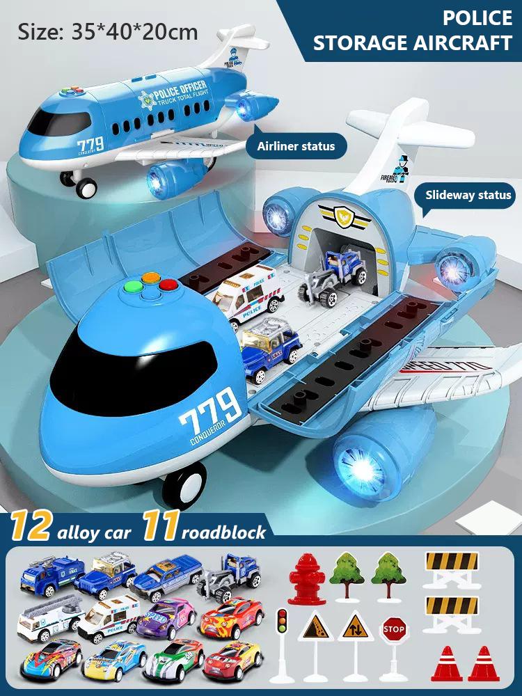 Large Airplane Model With Lightds Inertia Police Car Kids Storage Passenger Airplane Boy Simulation Plane Multifunctional Toys