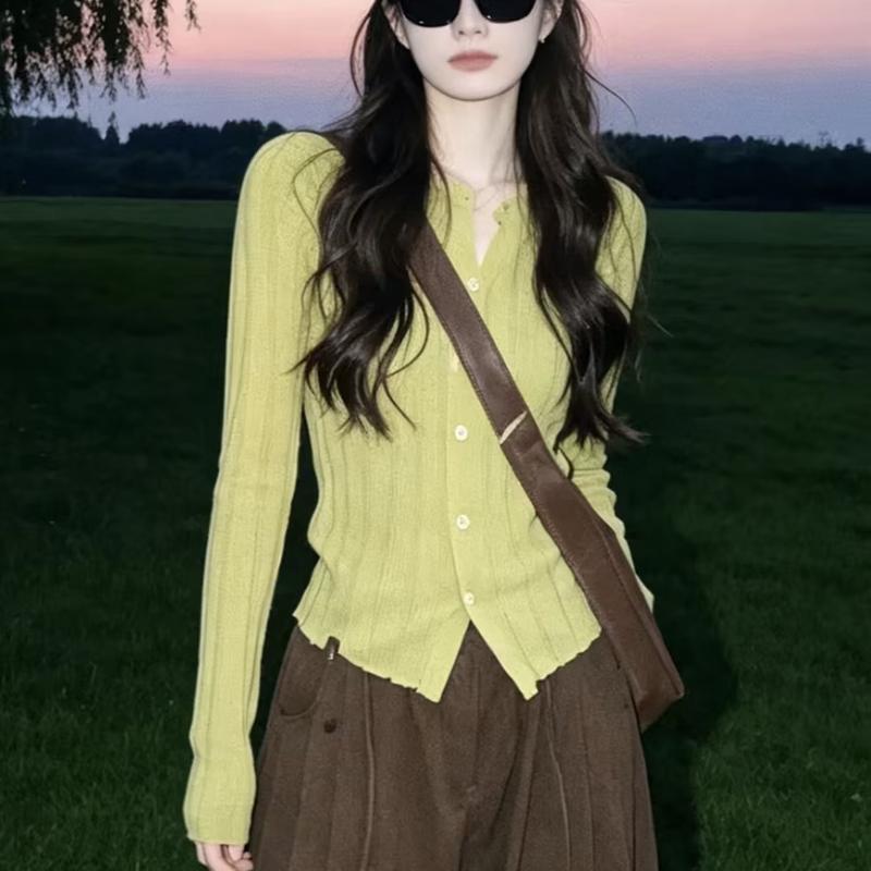 Zuose 2026 Autumn Avocado Green Knit Cardigan