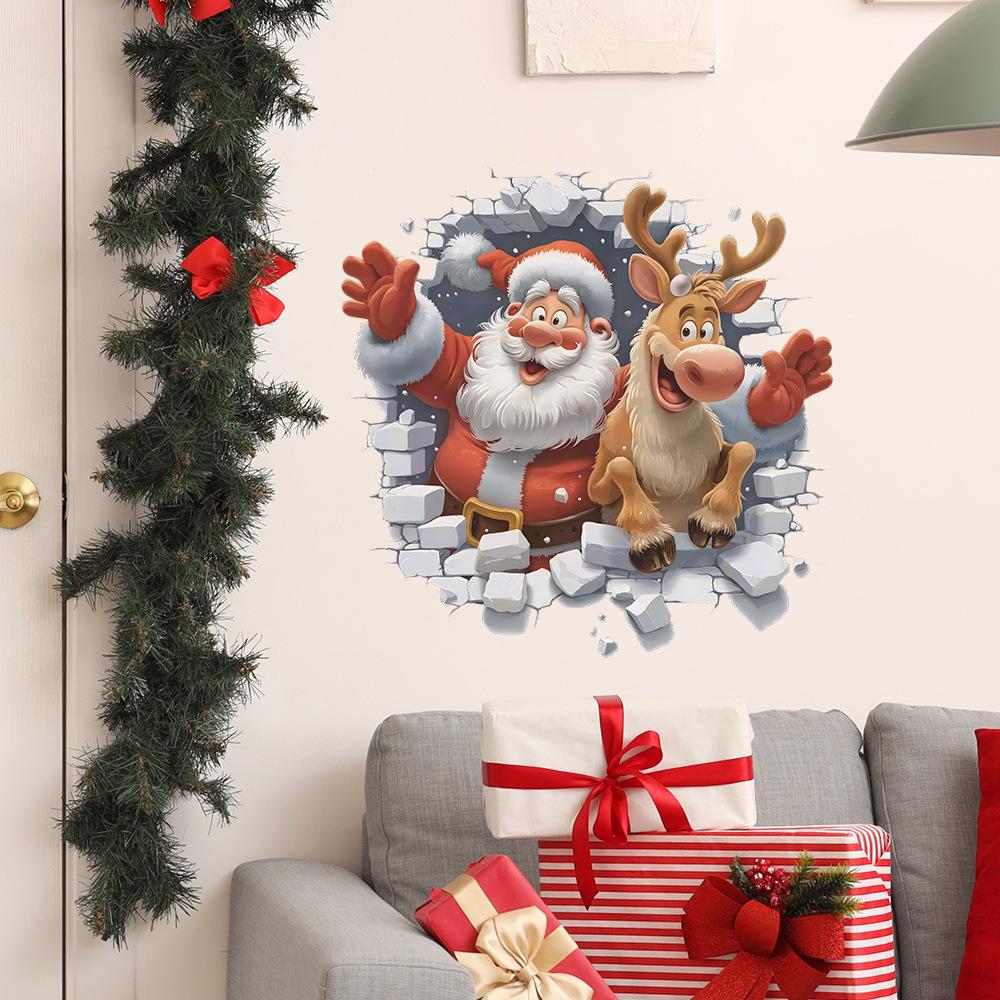 Broken Wall Santa Claus and Elk Living Room Entrance Hall Home Festival Beautification Wall Stickers