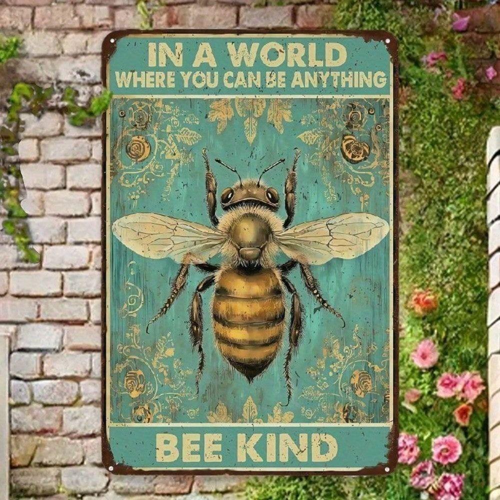 Vintage Metal Sign Bee Kind Wall Decor, Rustic Kitchen Tin Poster
