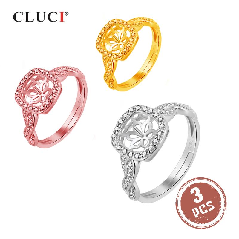 CLUCI 3pcs 925 Sterling Silver Women Rings Zircon Pearl Ring Mounting Silver 925 Rose Gold Adjustable Ring Jewelry SR2124SB resizable серебряный