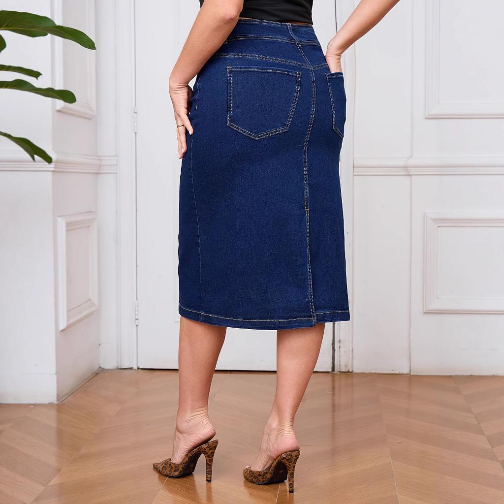 Women's Midi Bodycon Pencil Denim Skirts High Waisted Denim Jean Skirt With Pockets Long Stretch Casual Front Slit Button Down Jean Skirt for Women