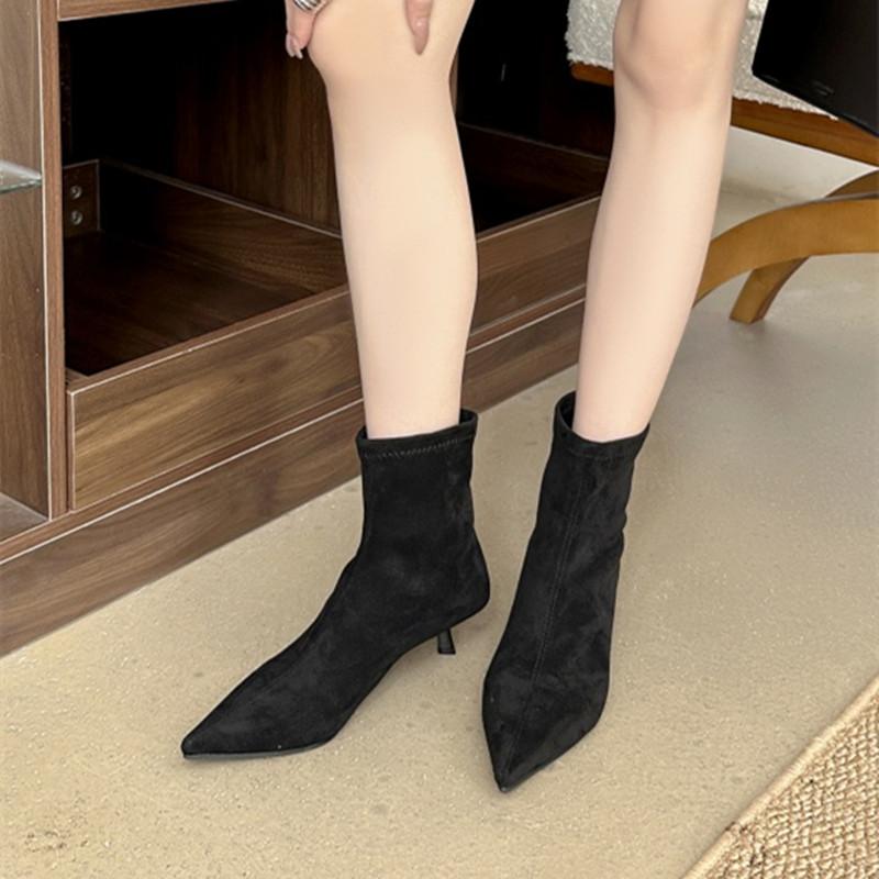

Мода 2025 Зима Новые Брендовые Женские Короткие Сапоги Модные Остроносые Женские Элегантные Ботильоны Тонкий Высокий Каблук Туфли-Лодочки для Платья 35