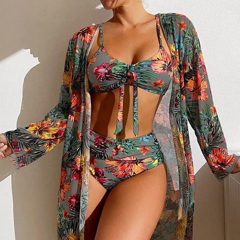 Split Three Piece Floral Printed Swimsuit Women Bikini Set Wireless Bra with Pad Sport Top Long sleeve Blouse Swimwear Plus Size