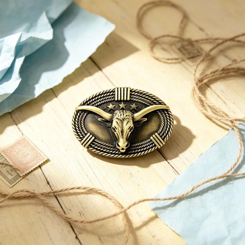 Bull Head and Star Belt Buckle, Western Oval Metal Waist Accessory for Adult Jeans, Casual Looks, and Stage Outfits