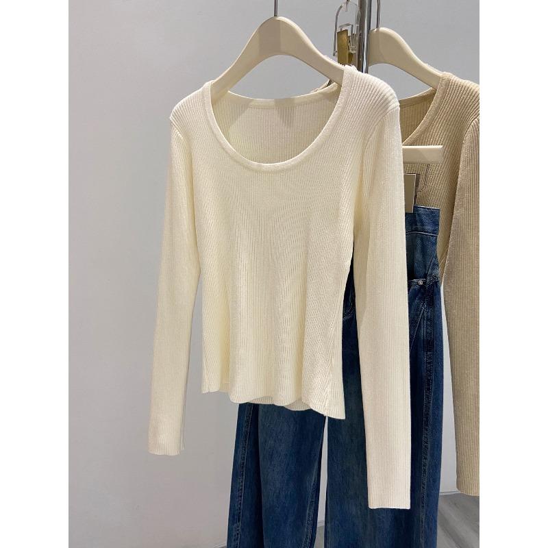 Texture u-neck front shoulder bottom knitted sweater women's autumn and winter slim-fit soft waxy sweater long-sleeved top