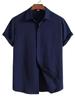 [Minesam] Men's Cotton Linen Shirt, Short Sleeve, Cool, Summer Wear, Relaxed Fit, Plus Sizes (Navy, L)