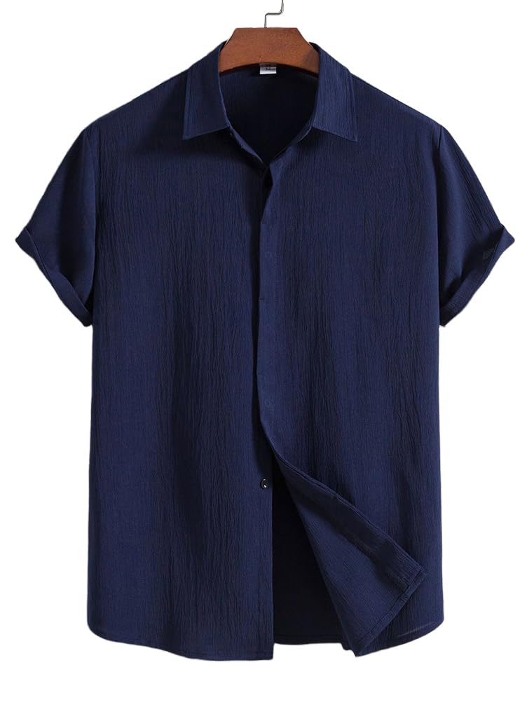 [Minesam] Men's Cotton Linen Shirt, Short Sleeve, Cool, Summer Wear, Relaxed Fit, Plus Sizes (Navy, L)